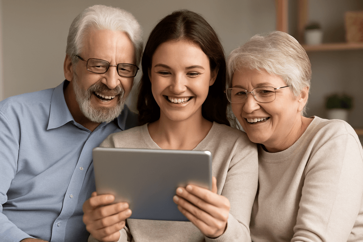 Smiling Family Group with Tablet